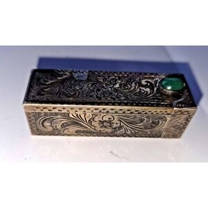 Vintage Italian Engraved Silver Lipstick Holder w Mirror & Green Cabochon